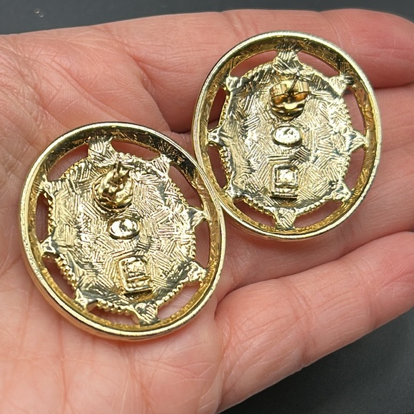 VTG Givenchy Estate Post Back Gold Tone Faux Pearl Rhinestones Large Earrings - Picture 3 of 9